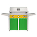 American Outdoor Grill 36" L-Series Portable Gas Grill with yellow accent panel and green accent panel cart base, large analog thermometer and push-button electronic ignition with backlit comfort-touch control knobs.
