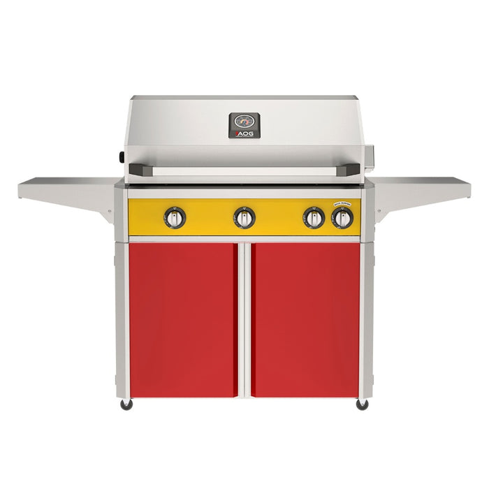American Outdoor Grill 36" L-Series Portable Gas Grill with yellow accent panel and red accent panel cart base, large analog thermometer and push-button electronic ignition with backlit comfort-touch control knobs.
