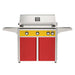 American Outdoor Grill 36" L-Series Portable Gas Grill with yellow accent panel and red accent panel cart base, large analog thermometer and push-button electronic ignition with backlit comfort-touch control knobs.
