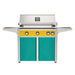American Outdoor Grill 36" L-Series Portable Gas Grill with yellow accent panel and teal accent panel cart base, large analog thermometer and push-button electronic ignition with backlit comfort-touch control knobs.
