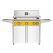 American Outdoor Grill 36" L-Series Portable Gas Grill with yellow accent panel and white accent panel cart base, large analog thermometer and push-button electronic ignition with backlit comfort-touch control knobs.
