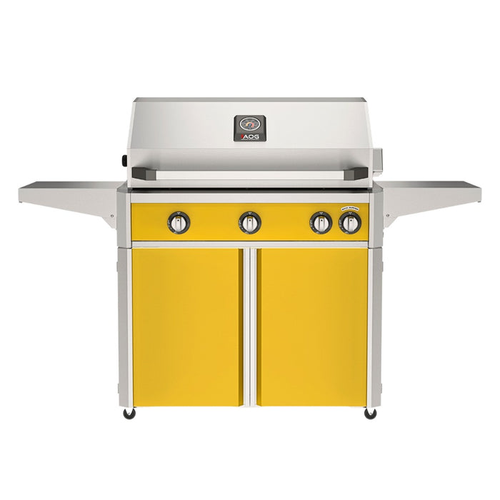 American Outdoor Grill 36" L-Series Portable Gas Grill with yellow accent panel and yellow accent panel cart base, large analog thermometer and push-button electronic ignition with backlit comfort-touch control knobs.
