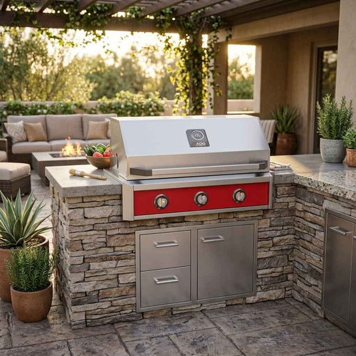 American Outdoor Grill 36" T-Series Built-In Gas Grill (AOG36TN) installed in a stacked stone outdoor kitchen island with a dark granite countertop on a luxury patio setting.
