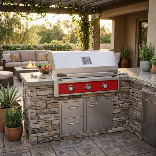 American Outdoor Grill 36" T-Series Built-In Gas Grill (AOG36TN) installed in a stacked stone outdoor kitchen island with a dark granite countertop on a luxury patio setting.