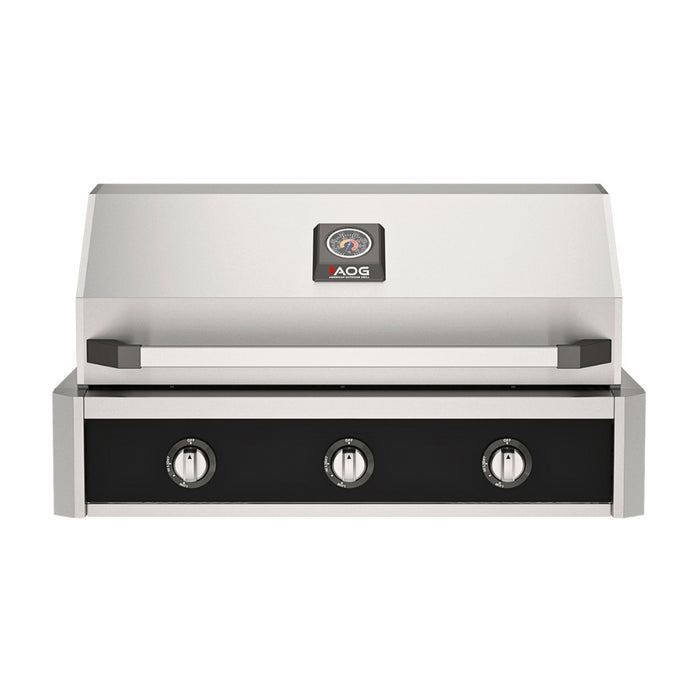 American Outdoor Grill 36" T-Series Built-in Gas Grill (black)— stainless steel grill head with diamond sear cooking grids and backlit comfort-touch control knobs.