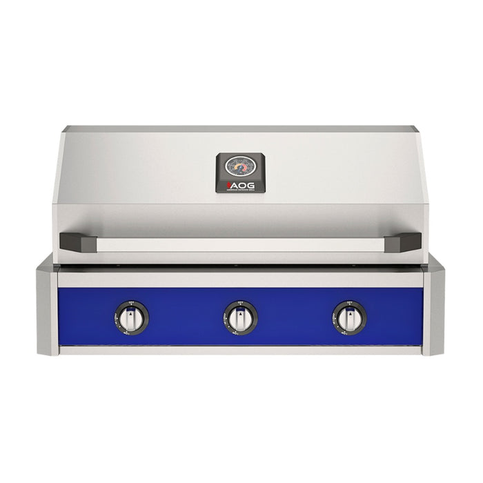 American Outdoor Grill 36" T-Series Built-in Gas Grill (blue)— stainless steel grill head with diamond sear cooking grids and backlit comfort-touch control knobs.
