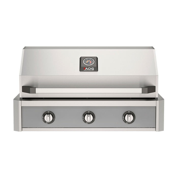 American Outdoor Grill 36" T-Series Built-in Gas Grill (gray)— stainless steel grill head with diamond sear cooking grids and backlit comfort-touch control knobs.