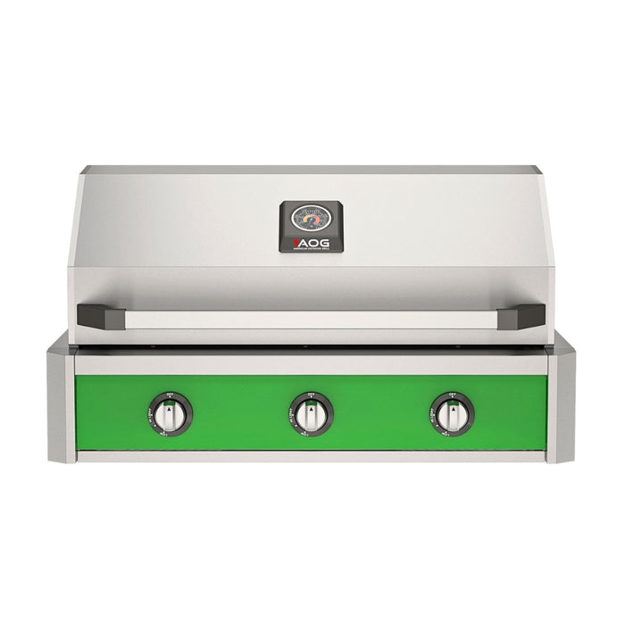 American Outdoor Grill 36" T-Series Built-in Gas Grill (green)— stainless steel grill head with diamond sear cooking grids and backlit comfort-touch control knobs.