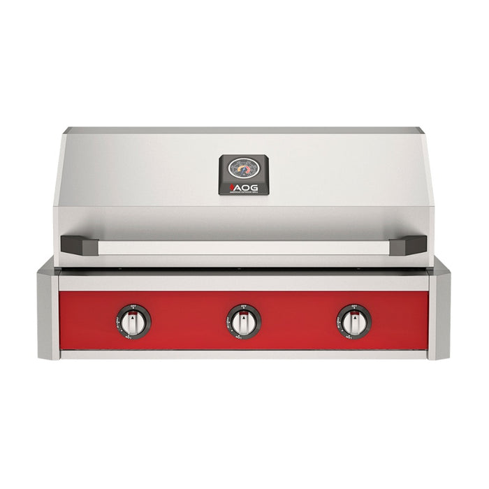 American Outdoor Grill 36" T-Series Built-in Gas Grill (red)— stainless steel grill head with diamond sear cooking grids and backlit comfort-touch control knobs.