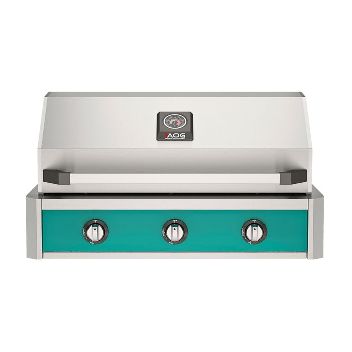 American Outdoor Grill 36" T-Series Built-in Gas Grill (teal)— stainless steel grill head with diamond sear cooking grids and backlit comfort-touch control knobs.