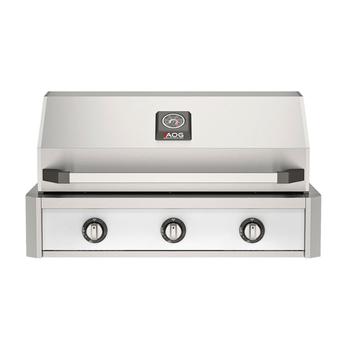 American Outdoor Grill 36" T-Series Built-in Gas Grill (white)— stainless steel grill head with diamond sear cooking grids and backlit comfort-touch control knobs.