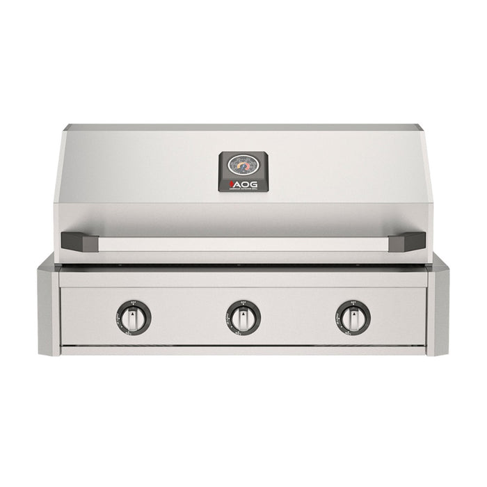 American Outdoor Grill 36" T-Series Built-in Gas Grill — stainless steel grill head with diamond sear cooking grids and backlit comfort-touch control knobs.