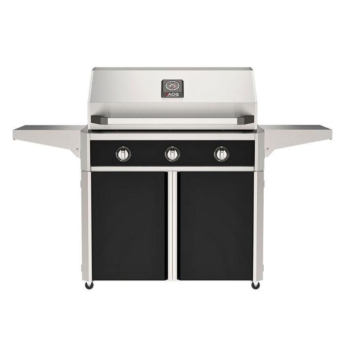 American Outdoor Grill 36" T-Series Portable Gas Grill with black accent panel and black accent panel cart base, large analog thermometer and push-button electronic ignition with backlit comfort-touch control knobs.
