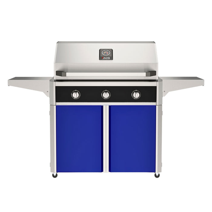 American Outdoor Grill 36" T-Series Portable Gas Grill with black accent panel and blue accent panel cart base, large analog thermometer and push-button electronic ignition with backlit comfort-touch control knobs.
