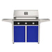 American Outdoor Grill 36" T-Series Portable Gas Grill with black accent panel and blue accent panel cart base, large analog thermometer and push-button electronic ignition with backlit comfort-touch control knobs.

