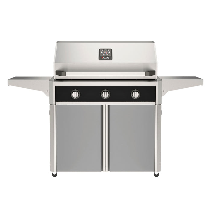 American Outdoor Grill 36" T-Series Portable Gas Grill with black accent panel and gray accent panel cart base, large analog thermometer and push-button electronic ignition with backlit comfort-touch control knobs.

