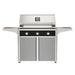 American Outdoor Grill 36" T-Series Portable Gas Grill with black accent panel and gray accent panel cart base, large analog thermometer and push-button electronic ignition with backlit comfort-touch control knobs.
