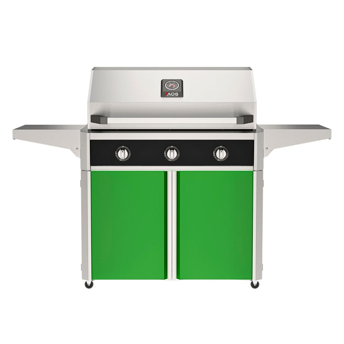 American Outdoor Grill 36" T-Series Portable Gas Grill with black accent panel and green accent panel cart base, large analog thermometer and push-button electronic ignition with backlit comfort-touch control knobs.
