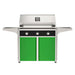 American Outdoor Grill 36" T-Series Portable Gas Grill with black accent panel and green accent panel cart base, large analog thermometer and push-button electronic ignition with backlit comfort-touch control knobs.
