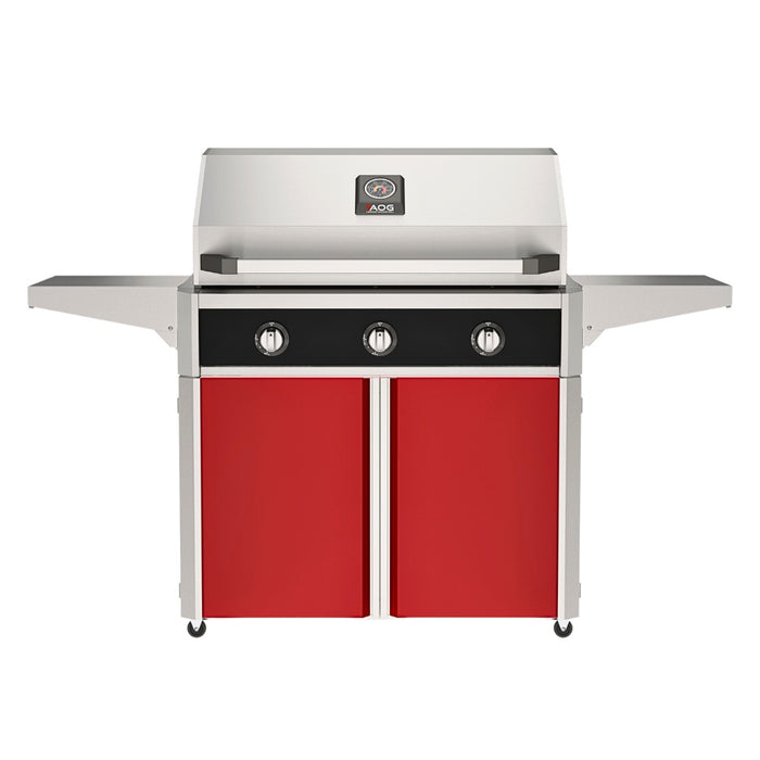 American Outdoor Grill 36" T-Series Portable Gas Grill with black accent panel and red accent panel cart base, large analog thermometer and push-button electronic ignition with backlit comfort-touch control knobs.
