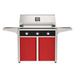 American Outdoor Grill 36" T-Series Portable Gas Grill with black accent panel and red accent panel cart base, large analog thermometer and push-button electronic ignition with backlit comfort-touch control knobs.
