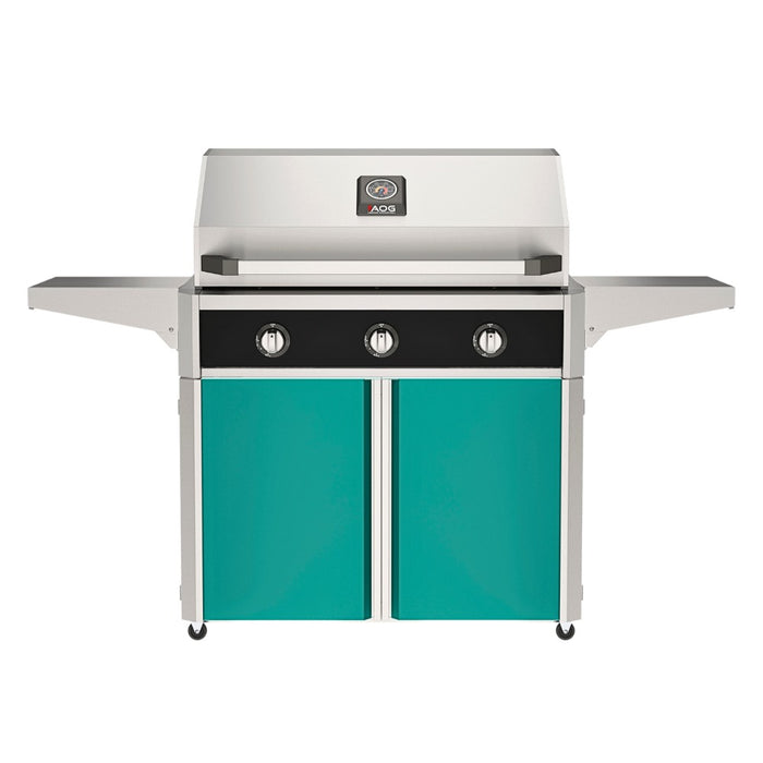 American Outdoor Grill 36" T-Series Portable Gas Grill with black accent panel and teal accent panel cart base, large analog thermometer and push-button electronic ignition with backlit comfort-touch control knobs.
