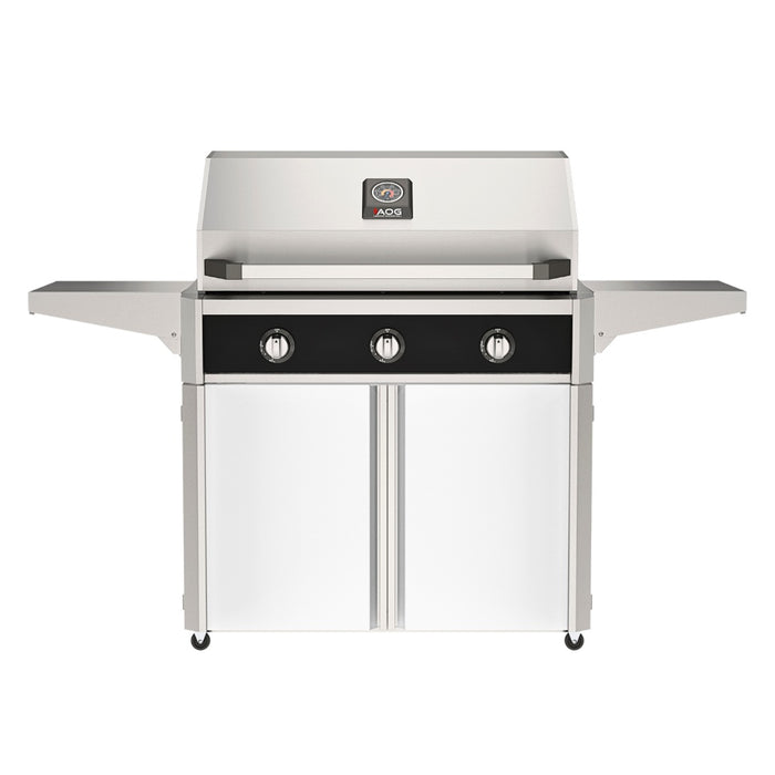 American Outdoor Grill 36" T-Series Portable Gas Grill with black accent panel and white accent panel cart base, large analog thermometer and push-button electronic ignition with backlit comfort-touch control knobs.
