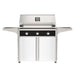 American Outdoor Grill 36" T-Series Portable Gas Grill with black accent panel and white accent panel cart base, large analog thermometer and push-button electronic ignition with backlit comfort-touch control knobs.
