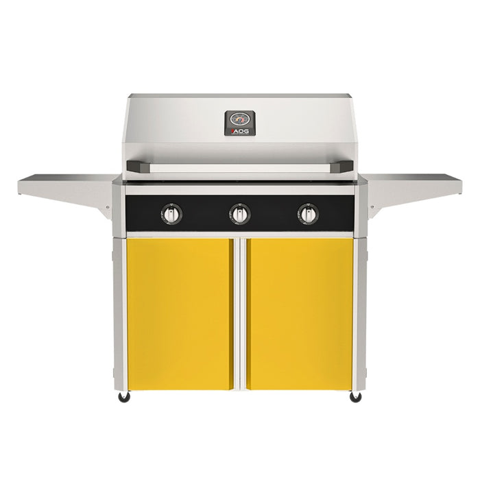 American Outdoor Grill 36" T-Series Portable Gas Grill with black accent panel and yellow accent panel cart base, large analog thermometer and push-button electronic ignition with backlit comfort-touch control knobs.
