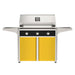 American Outdoor Grill 36" T-Series Portable Gas Grill with black accent panel and yellow accent panel cart base, large analog thermometer and push-button electronic ignition with backlit comfort-touch control knobs.
