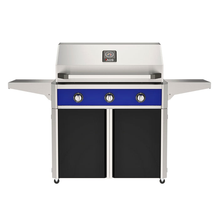 American Outdoor Grill 36" T-Series Portable Gas Grill with blue accent panel and black accent panel cart base, large analog thermometer and push-button electronic ignition with backlit comfort-touch control knobs.
