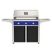 American Outdoor Grill 36" T-Series Portable Gas Grill with blue accent panel and black accent panel cart base, large analog thermometer and push-button electronic ignition with backlit comfort-touch control knobs.
