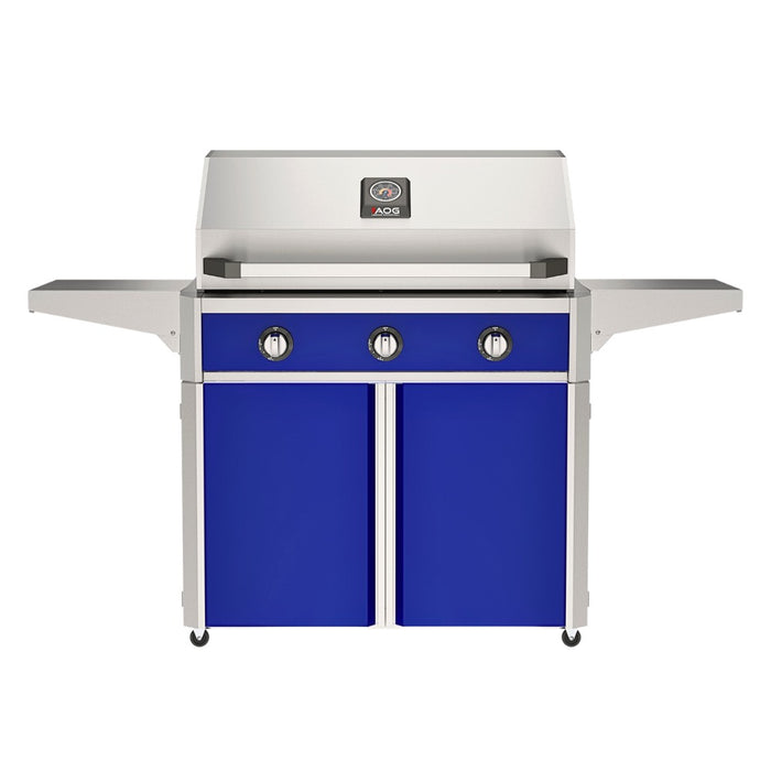 American Outdoor Grill 36" T-Series Portable Gas Grill with blue accent panel and blue accent panel cart base, large analog thermometer and push-button electronic ignition with backlit comfort-touch control knobs.
