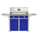 American Outdoor Grill 36" T-Series Portable Gas Grill with blue accent panel and blue accent panel cart base, large analog thermometer and push-button electronic ignition with backlit comfort-touch control knobs.

