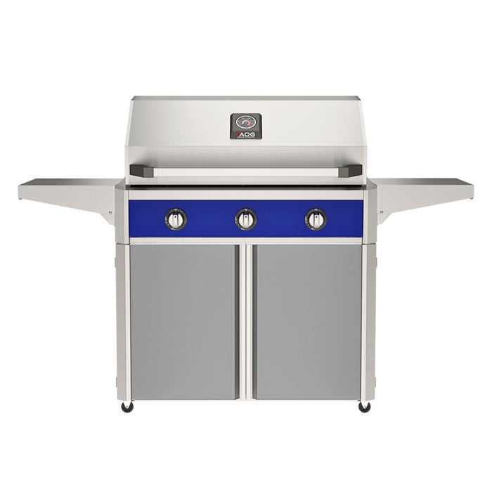 American Outdoor Grill 36" T-Series Portable Gas Grill with blue accent panel and gray accent panel cart base, large analog thermometer and push-button electronic ignition with backlit comfort-touch control knobs.

