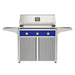 American Outdoor Grill 36" T-Series Portable Gas Grill with blue accent panel and gray accent panel cart base, large analog thermometer and push-button electronic ignition with backlit comfort-touch control knobs.
