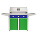 American Outdoor Grill 36" T-Series Portable Gas Grill with blue accent panel and green accent panel cart base, large analog thermometer and push-button electronic ignition with backlit comfort-touch control knobs.
