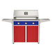 American Outdoor Grill 36" T-Series Portable Gas Grill with blue accent panel and red accent panel cart base, large analog thermometer and push-button electronic ignition with backlit comfort-touch control knobs.

