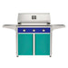 American Outdoor Grill 36" T-Series Portable Gas Grill with blue accent panel and teal accent panel cart base, large analog thermometer and push-button electronic ignition with backlit comfort-touch control knobs.

