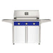 American Outdoor Grill 36" T-Series Portable Gas Grill with blue accent panel and white accent panel cart base, large analog thermometer and push-button electronic ignition with backlit comfort-touch control knobs.
