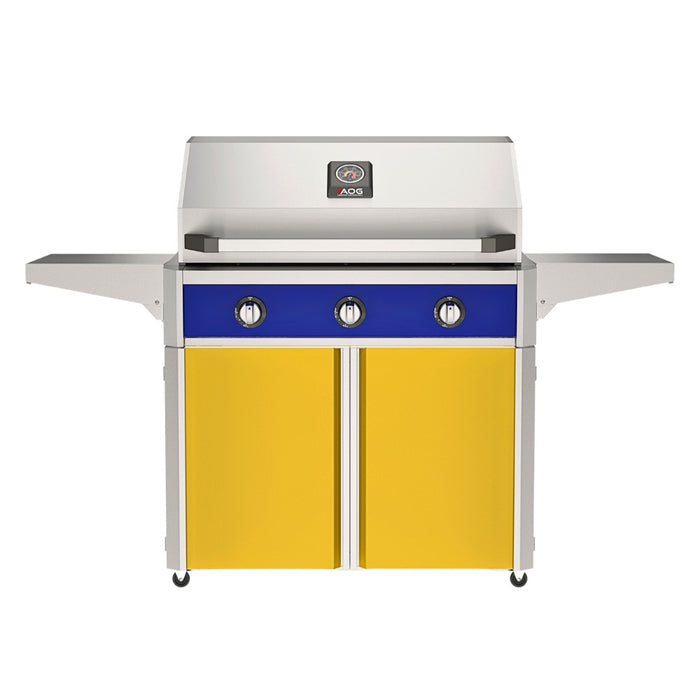 American Outdoor Grill 36" T-Series Portable Gas Grill with blue accent panel and yellow accent panel cart base, large analog thermometer and push-button electronic ignition with backlit comfort-touch control knobs.
