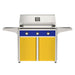 American Outdoor Grill 36" T-Series Portable Gas Grill with blue accent panel and yellow accent panel cart base, large analog thermometer and push-button electronic ignition with backlit comfort-touch control knobs.
