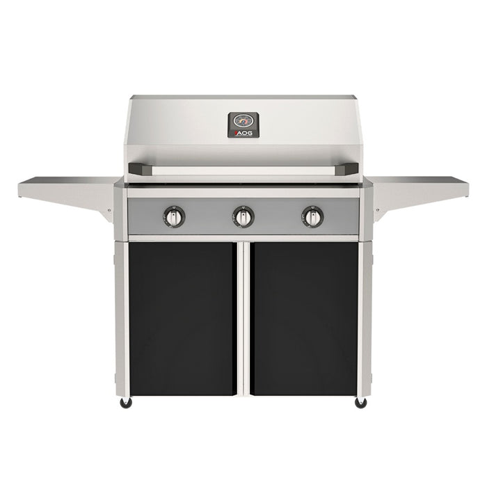 American Outdoor Grill 36" T-Series Portable Gas Grill with gray accent panel and black accent panel cart base, large analog thermometer and push-button electronic ignition with backlit comfort-touch control knobs.
