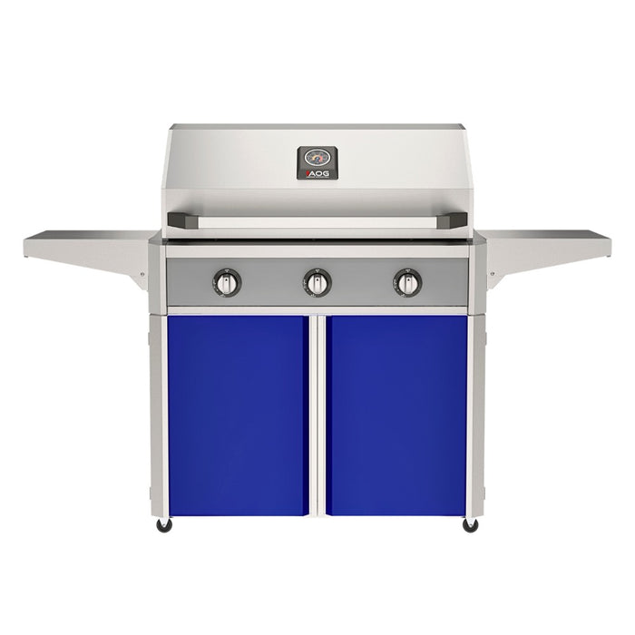 American Outdoor Grill 36" T-Series Portable Gas Grill with gray accent panel and blue accent panel cart base, large analog thermometer and push-button electronic ignition with backlit comfort-touch control knobs.
