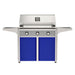 American Outdoor Grill 36" T-Series Portable Gas Grill with gray accent panel and blue accent panel cart base, large analog thermometer and push-button electronic ignition with backlit comfort-touch control knobs.
