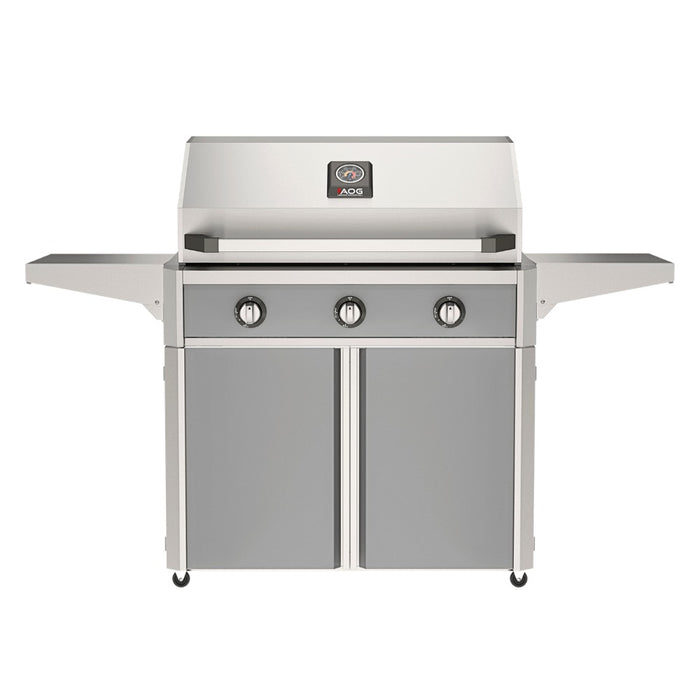 American Outdoor Grill 36" T-Series Portable Gas Grill with gray accent panel and gray accent panel cart base, large analog thermometer and push-button electronic ignition with backlit comfort-touch control knobs.

