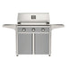 American Outdoor Grill 36" T-Series Portable Gas Grill with gray accent panel and gray accent panel cart base, large analog thermometer and push-button electronic ignition with backlit comfort-touch control knobs.

