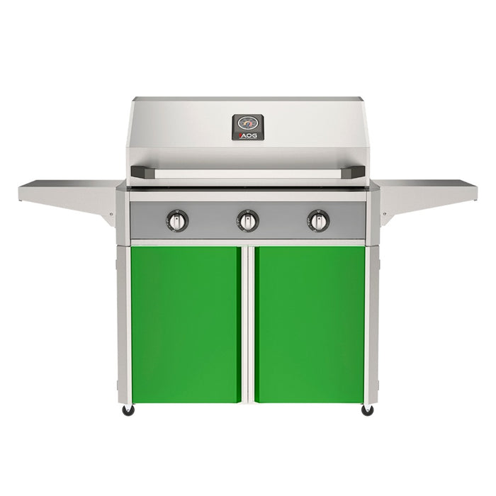 American Outdoor Grill 36" T-Series Portable Gas Grill with gray accent panel and green accent panel cart base, large analog thermometer and push-button electronic ignition with backlit comfort-touch control knobs.
