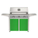 American Outdoor Grill 36" T-Series Portable Gas Grill with gray accent panel and green accent panel cart base, large analog thermometer and push-button electronic ignition with backlit comfort-touch control knobs.

