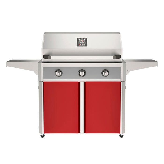 American Outdoor Grill 36" T-Series Portable Gas Grill with gray accent panel and red accent panel cart base, large analog thermometer and push-button electronic ignition with backlit comfort-touch control knobs.
